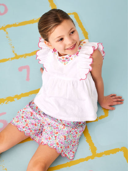 JoJo Maman Bébé White Strawberry Floral Embroidered Top & Scalloped Short Set image 1
