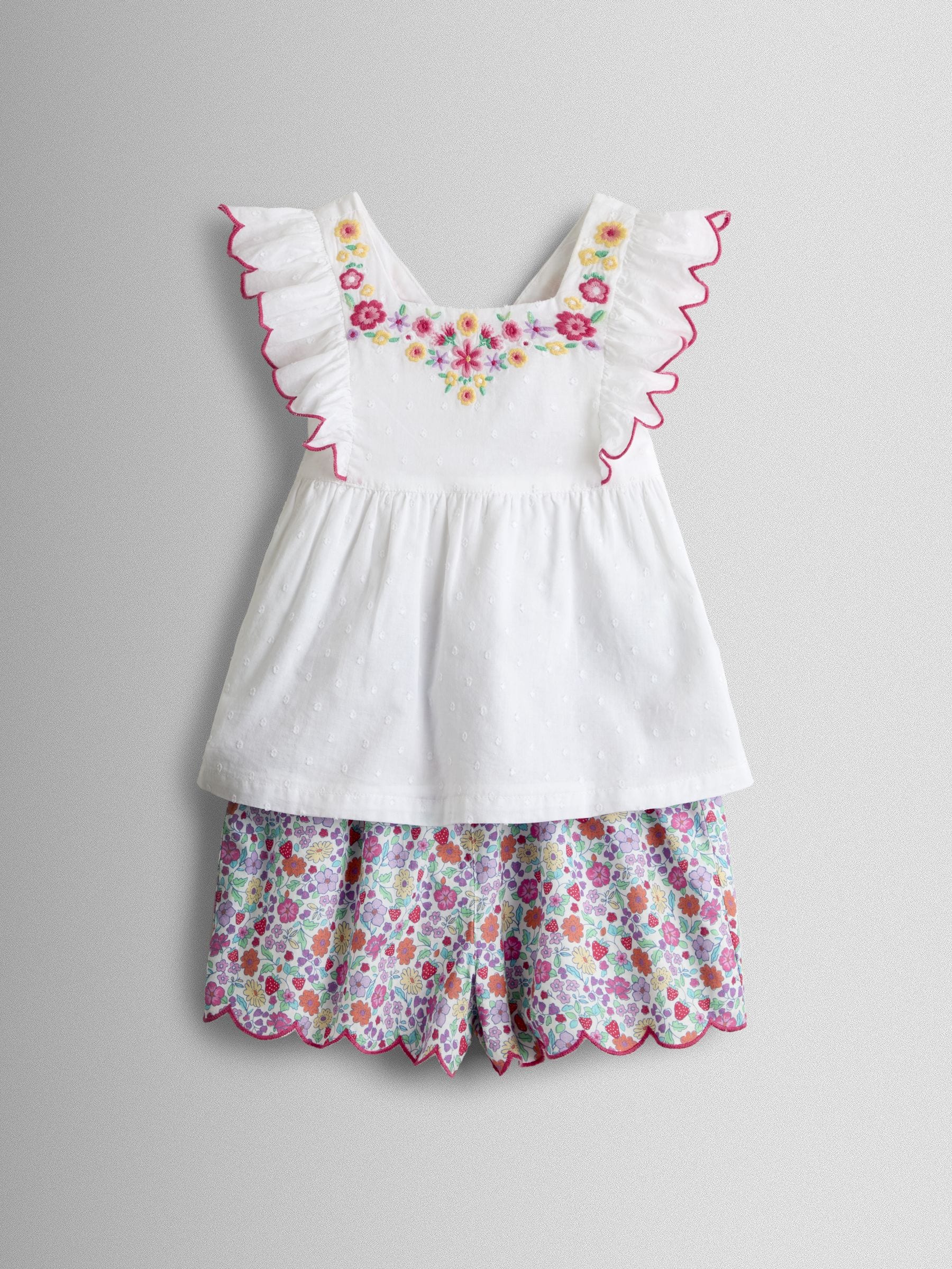 JoJo Maman Bébé White Strawberry Floral Embroidered Top & Scalloped Short Set image 2