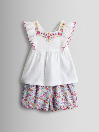 JoJo Maman Bébé White Strawberry Floral Embroidered Top & Scalloped Short Set image 2