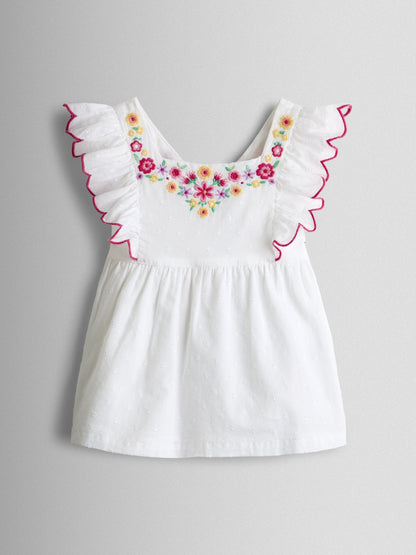 JoJo Maman Bébé White Strawberry Floral Embroidered Top & Scalloped Short Set image 3