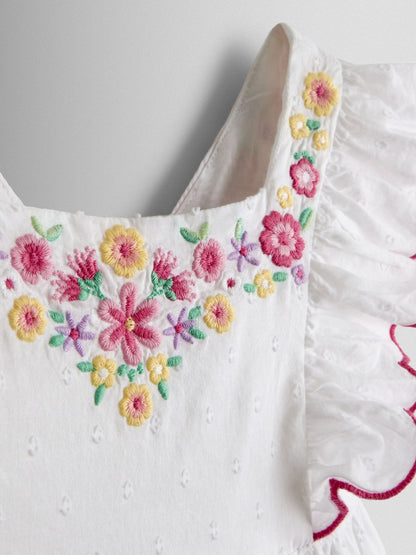 JoJo Maman Bébé White Strawberry Floral Embroidered Top & Scalloped Short Set image 7