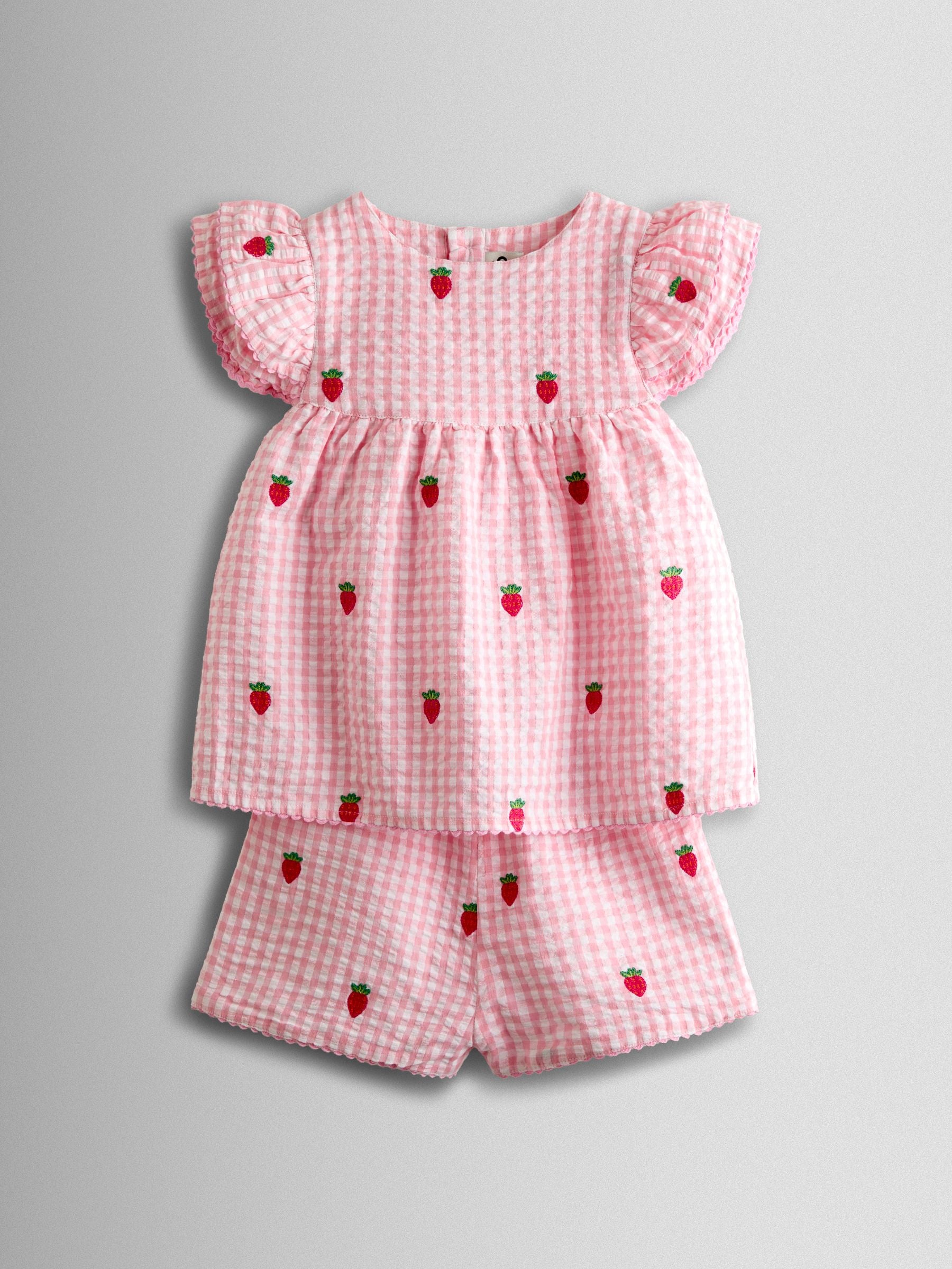 JoJo Maman Bébé Pink Gingham Strawberry Frill Sleeve Embroidered Top & Short Set image 1
