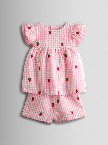 JoJo Maman Bébé Pink Gingham Strawberry Frill Sleeve Embroidered Top & Short Set image 1