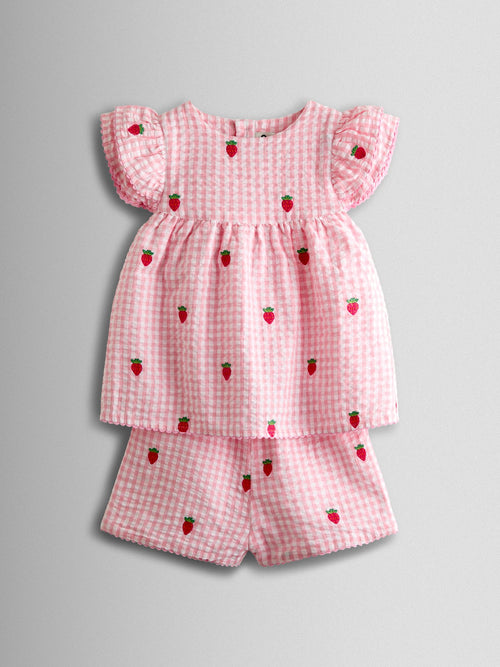 JoJo Maman Bébé Pink Gingham Strawberry Frill Sleeve Embroidered Top & Short Set image 1