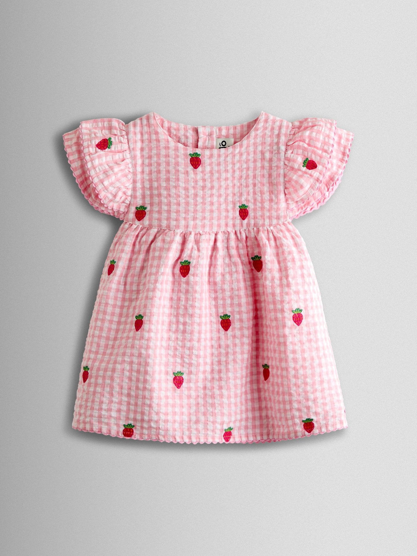 JoJo Maman Bébé Pink Gingham Strawberry Frill Sleeve Embroidered Top & Short Set image 2