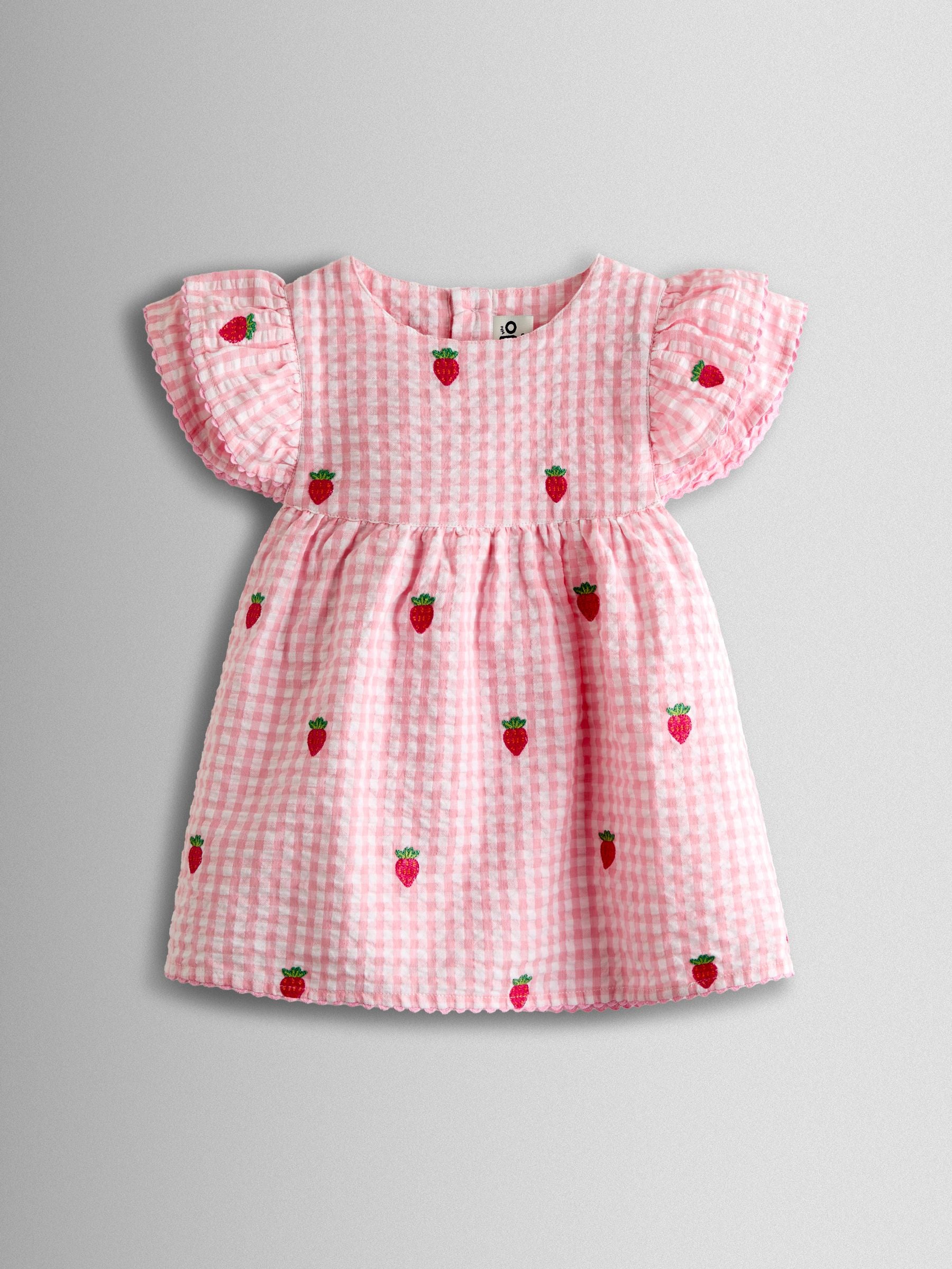 JoJo Maman Bébé Pink Gingham Strawberry Frill Sleeve Embroidered Top & Short Set image 2