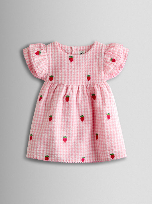 JoJo Maman Bébé Pink Gingham Strawberry Frill Sleeve Embroidered Top & Short Set image 2