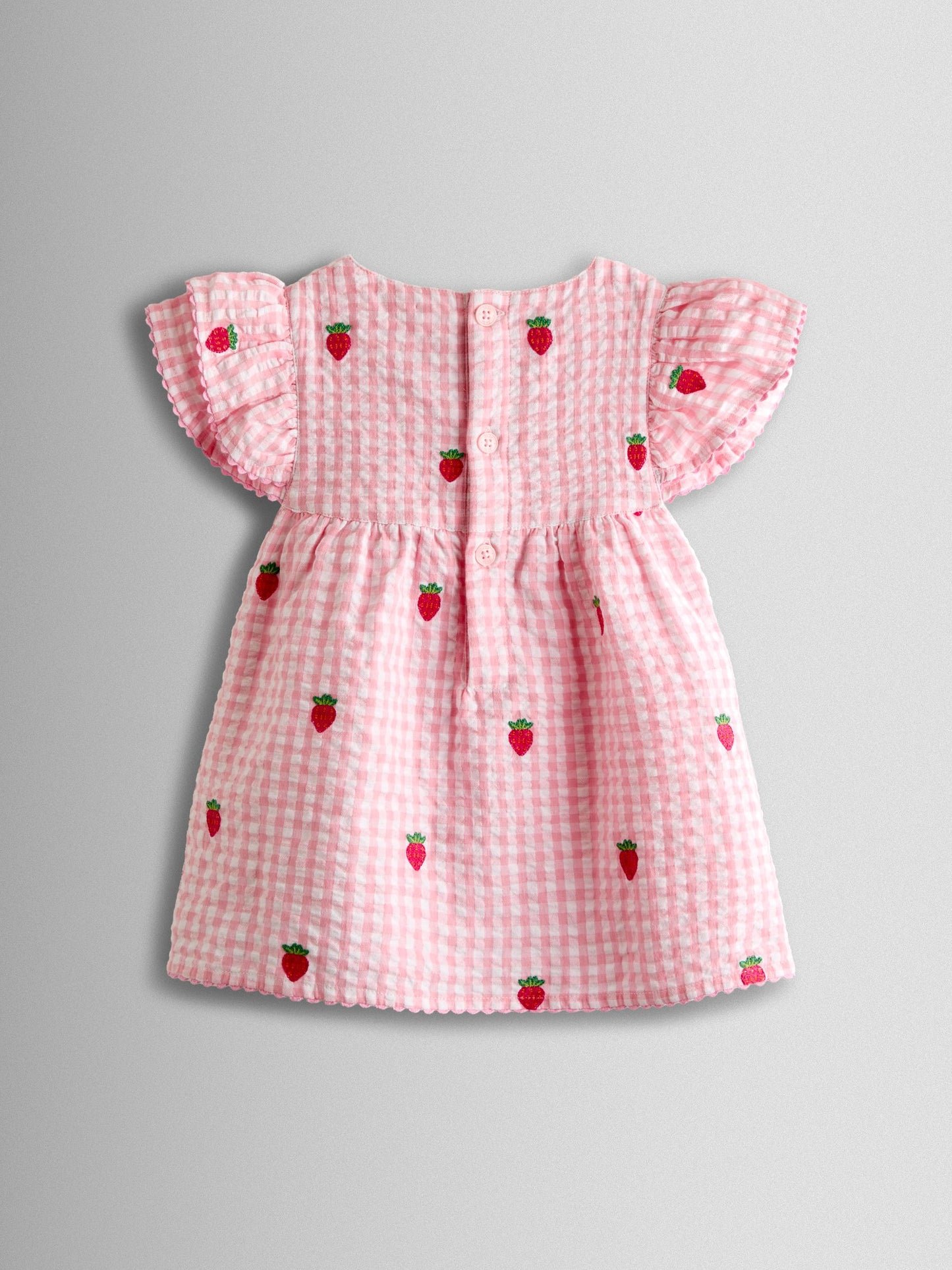 JoJo Maman Bébé Pink Gingham Strawberry Frill Sleeve Embroidered Top & Short Set image 3