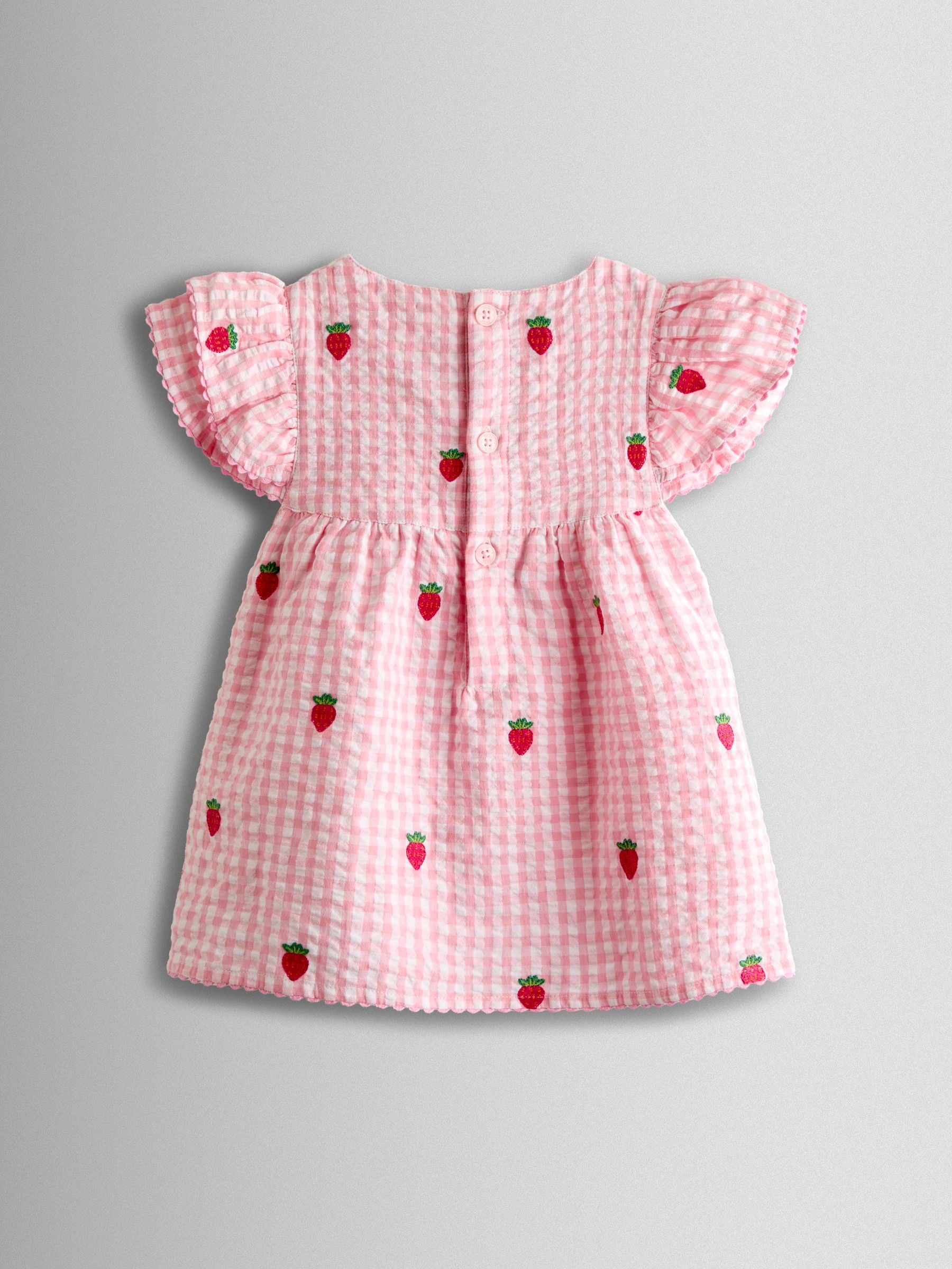 JoJo Maman Bébé Pink Gingham Strawberry Frill Sleeve Embroidered Top & Short Set image 3