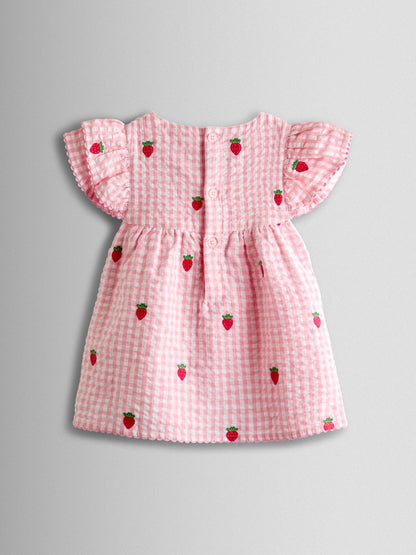 JoJo Maman Bébé Pink Gingham Strawberry Frill Sleeve Embroidered Top & Short Set image 3