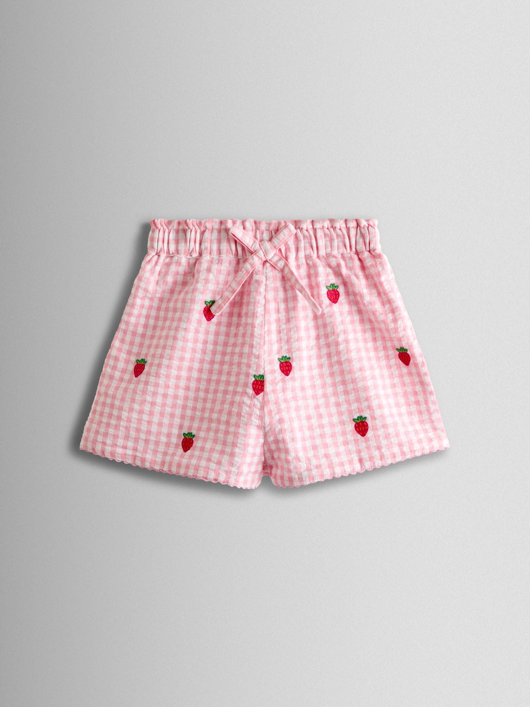 JoJo Maman Bébé Pink Gingham Strawberry Frill Sleeve Embroidered Top & Short Set image 4