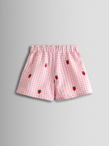 JoJo Maman Bébé Pink Gingham Strawberry Frill Sleeve Embroidered Top & Short Set image 5