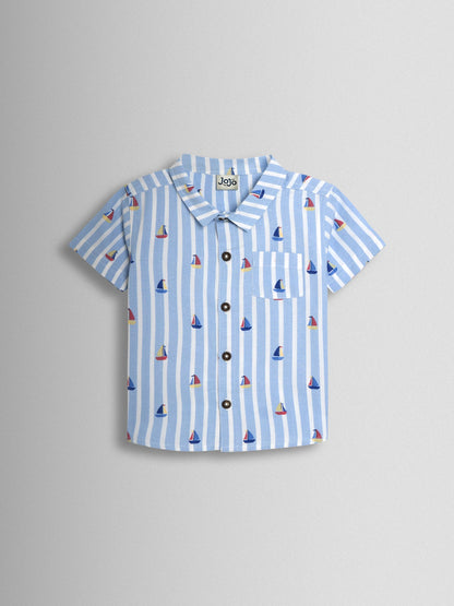 JoJo Maman Bébé Blue Boat 2-Piece Shirt & Twill Shorts Set image 2