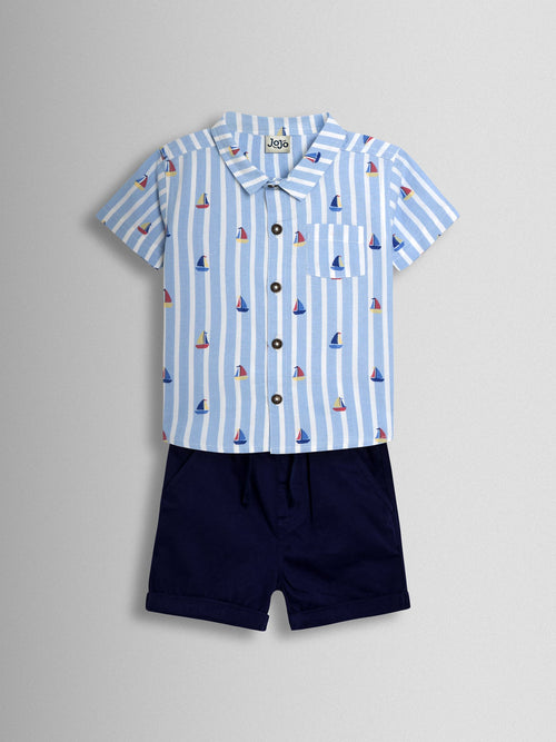 JoJo Maman Bébé Blue Boat 2-Piece Shirt & Twill Shorts Set image 1