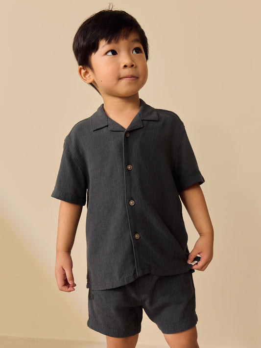 Charcoal Grey Short Sleeve Revere Collar Shirt & Shorts Set (3mths-10yrs) image 1