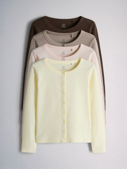 Dsiney Kidz - The Set 4 Pack Long Sleeve Rib Button Through Cotton Tops Brown Pink image 1