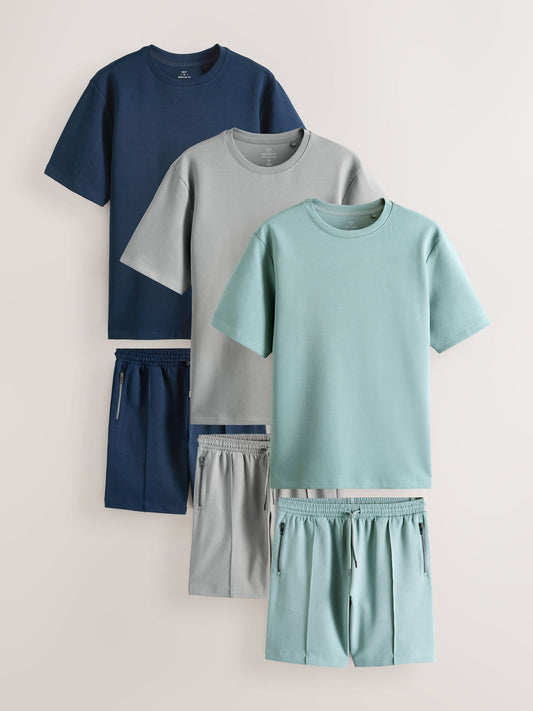 Navy Blue/Grey/Green T-Shirt and Shorts Set Multipack image 1
