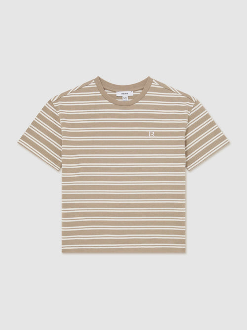 Reiss Taupe/White Emerson 3-9 yrs Cotton Stripe Logo-Embroidered T-Shirt image 1