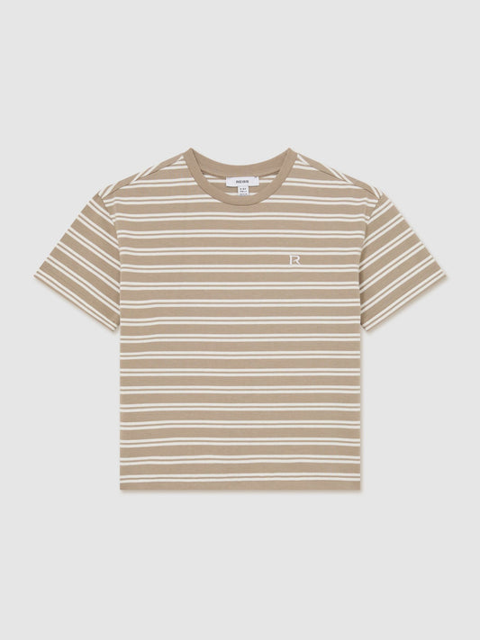 Reiss Taupe/White Emerson 3-9 yrs Cotton Stripe Logo-Embroidered T-Shirt image 1