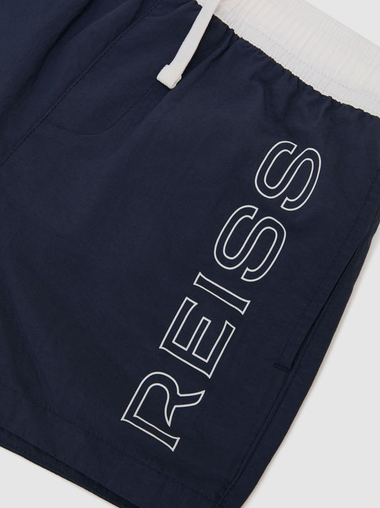 Reiss Navy Ley 13-14 yrs Colour-Block Logo Swim Shorts image 1