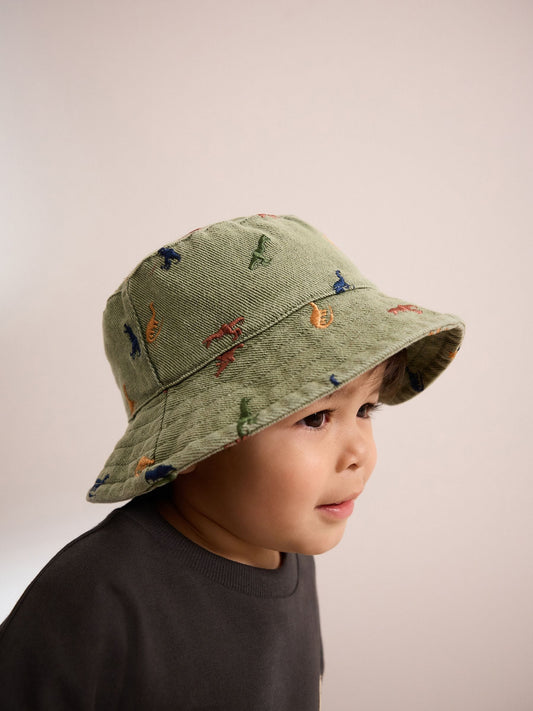 Khaki Green All-Over Embroidered Dinosaur Bucket Hat (3mths-10yrs) image 3
