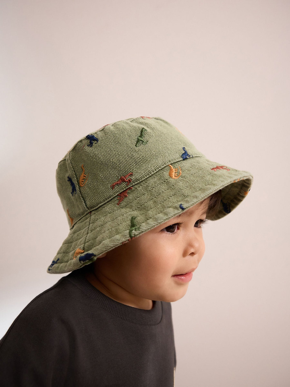 Khaki Green All-Over Embroidered Dinosaur Bucket Hat (3mths-10yrs) image 2