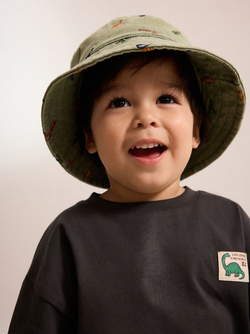 Khaki Green All-Over Embroidered Dinosaur Bucket Hat (3mths-10yrs) image 1