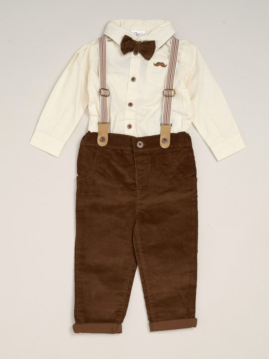 Little Gent Dark Brown Corduroy Bow Tie Mock Shirt And Trousers With Braces Outfit Set image 1