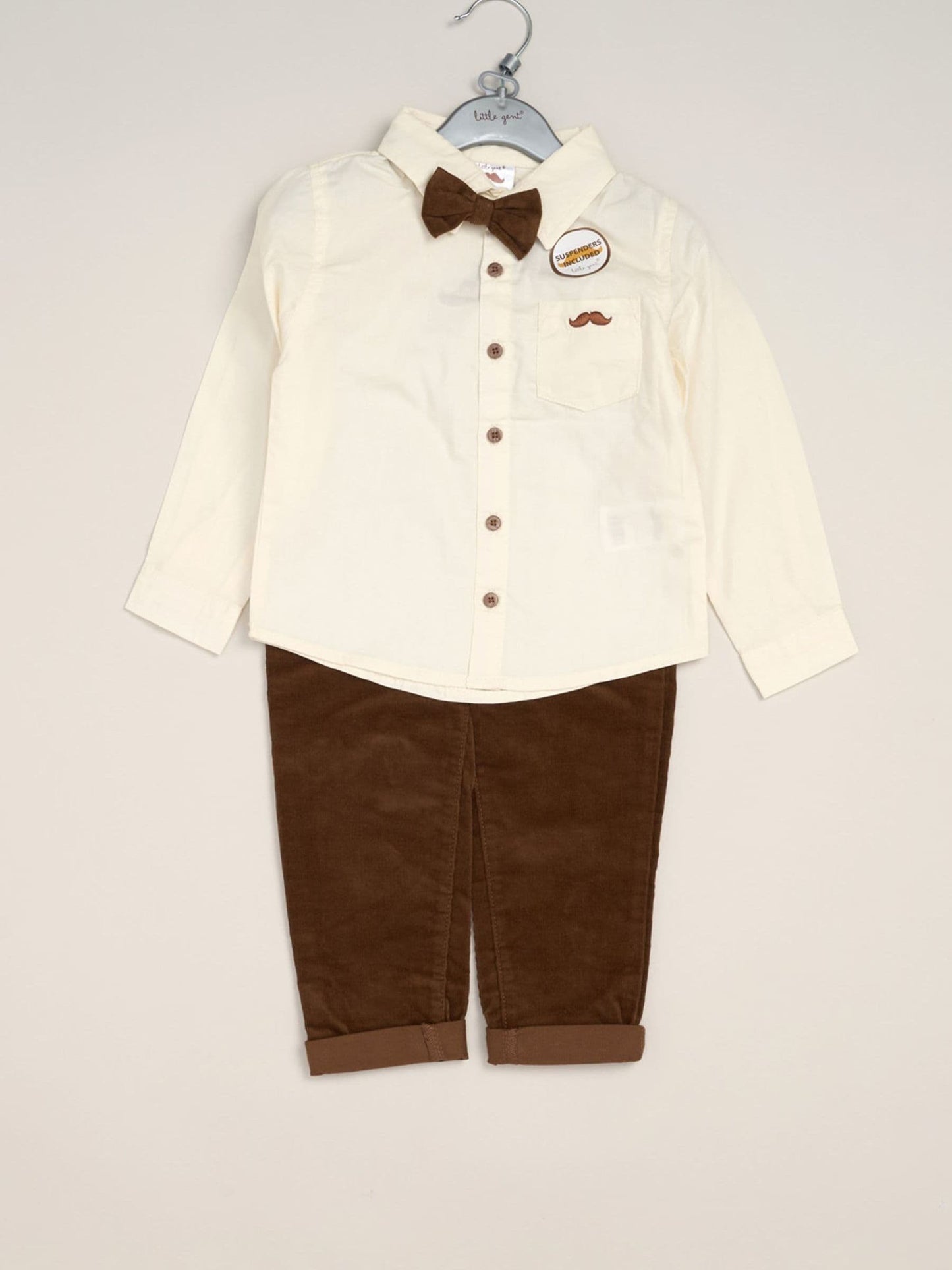 Little Gent Dark Brown Corduroy Bow Tie Mock Shirt And Trousers With Braces Outfit Set image 2
