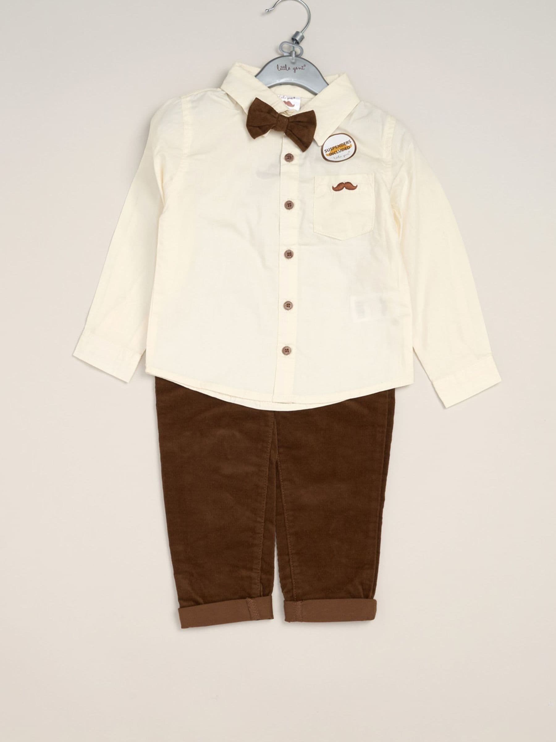 Little Gent Dark Brown Corduroy Bow Tie Mock Shirt And Trousers With Braces Outfit Set image 2