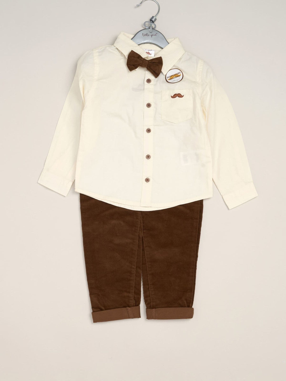 Dsiney Kidz - Little Gent Dark Brown Corduroy Bow Tie Mock Shirt And Trousers With Braces Outfit Set image 2