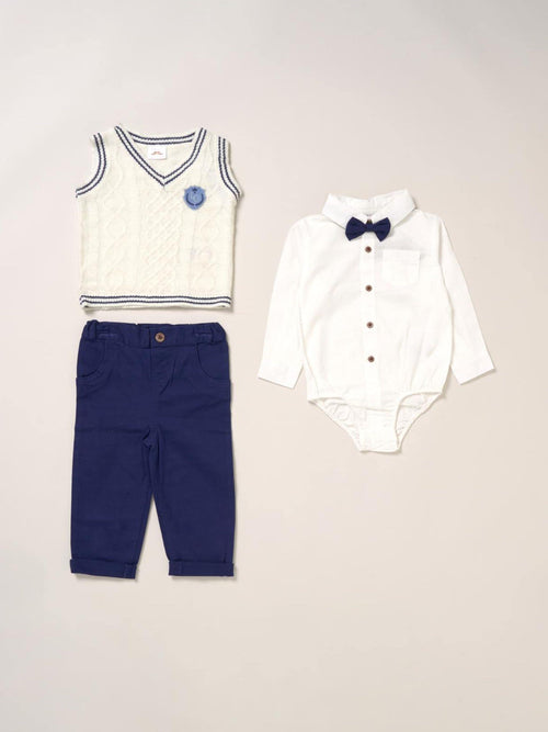 Little Gent White True Knit Vest Bodysuit Trousers And Bow Tie Set image 1