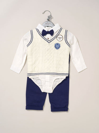Little Gent White True Knit Vest Bodysuit Trousers And Bow Tie Set image 2