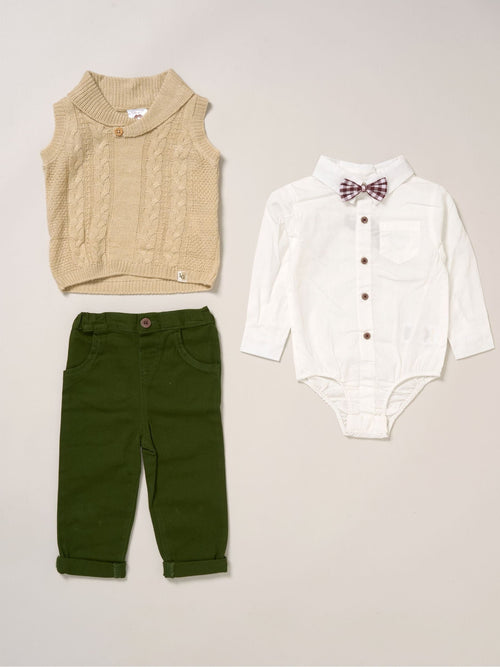 Little Gent Brown True Knit Vest Bodysuit Trousers And Bow Tie Set image 1