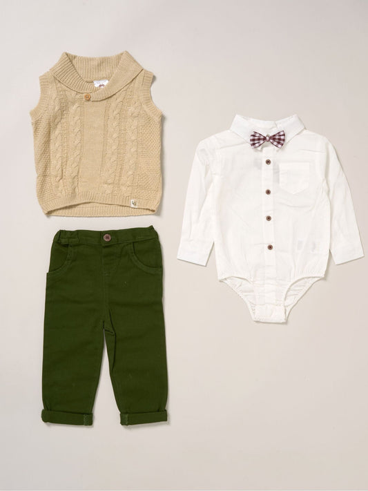 Little Gent Brown True Knit Vest Bodysuit Trousers And Bow Tie Set image 1