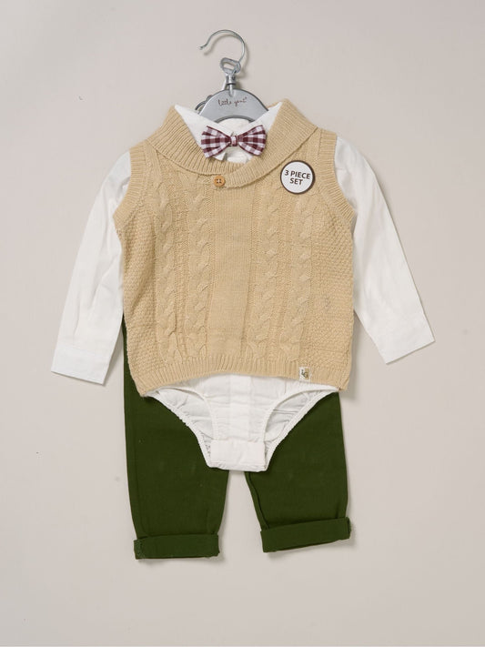 Little Gent Brown True Knit Vest Bodysuit Trousers And Bow Tie Set image 2