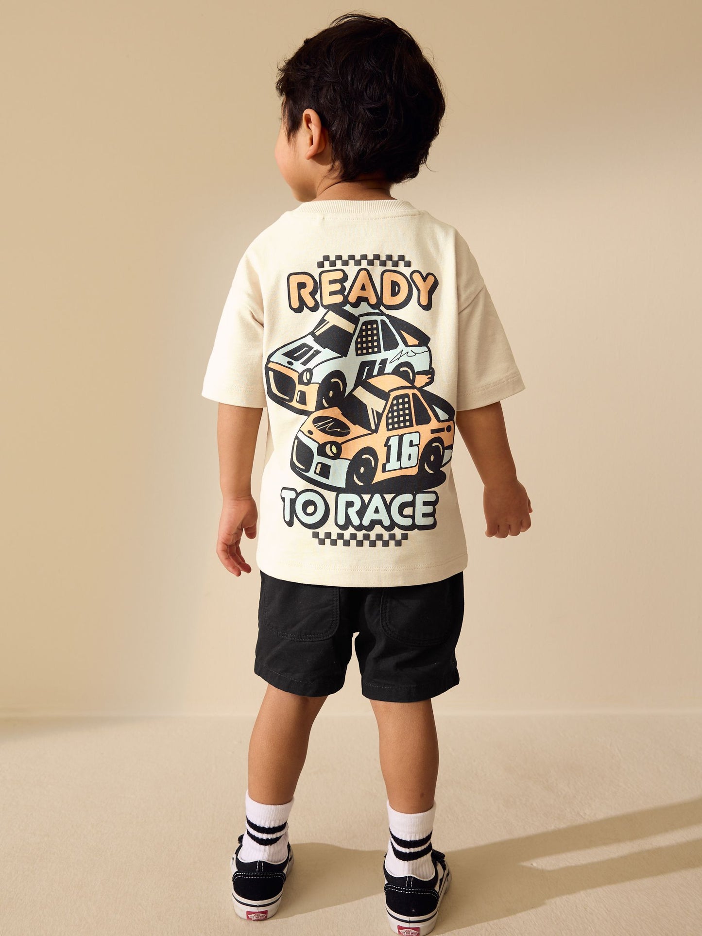 Cream Race Car Short Sleeve Back Print T-Shirt (3mths-7yrs) image 1