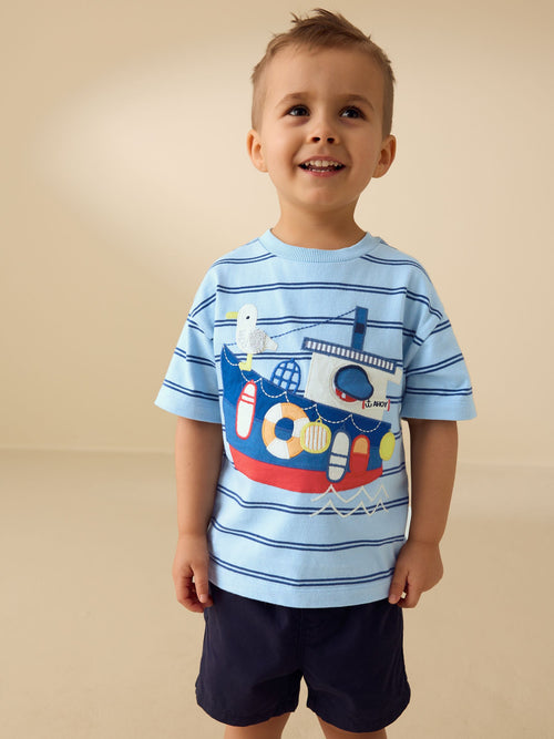Blue Stripe Sealife Boat Short Sleeve Interactive T-Shirt (3mths-7yrs) image 1