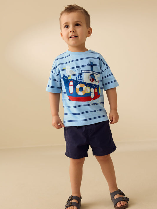 Blue Stripe Sealife Boat Short Sleeve Interactive T-Shirt (3mths-7yrs) image 2