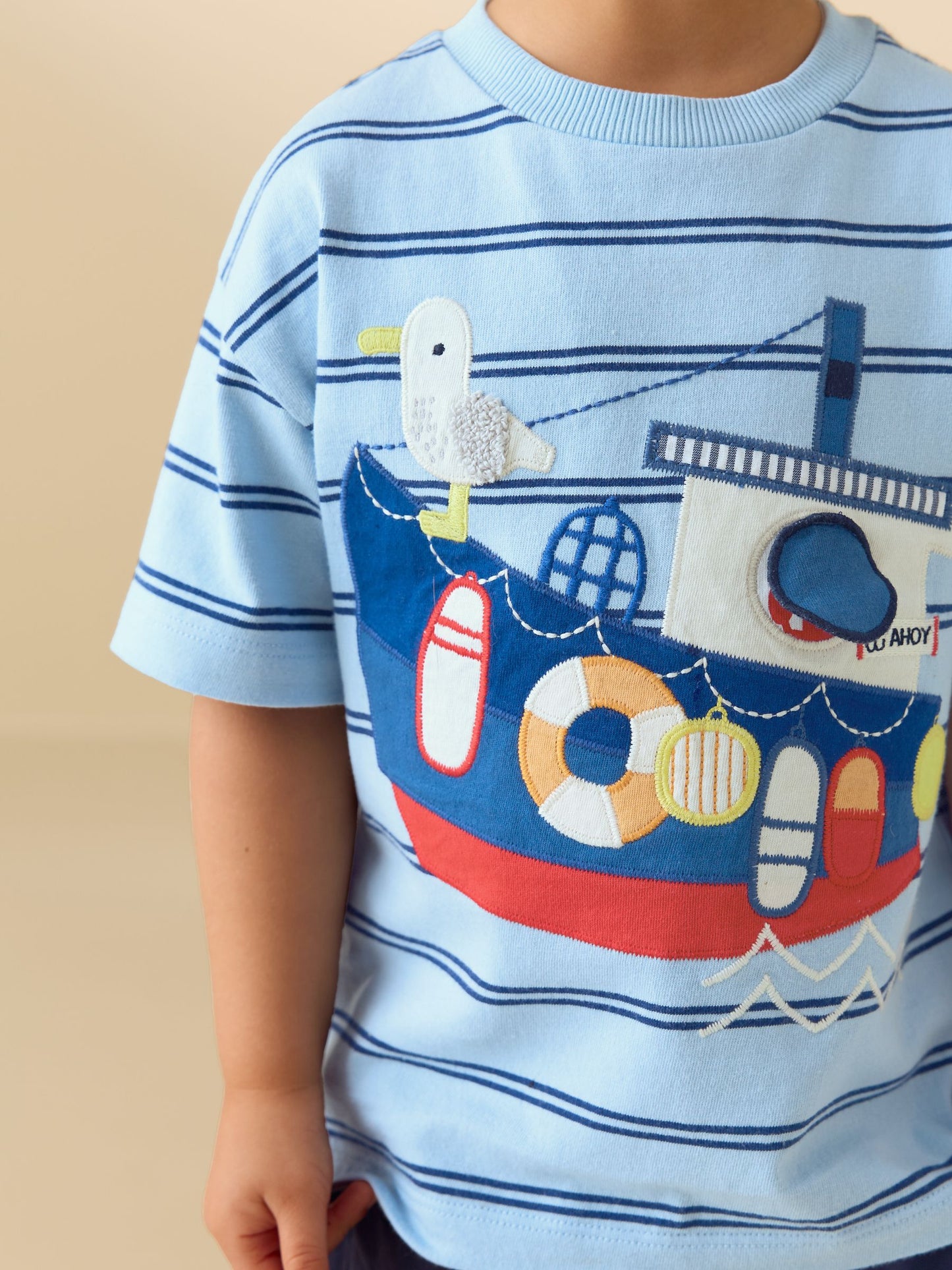Blue Stripe Sealife Boat Short Sleeve Interactive T-Shirt (3mths-7yrs) image 3