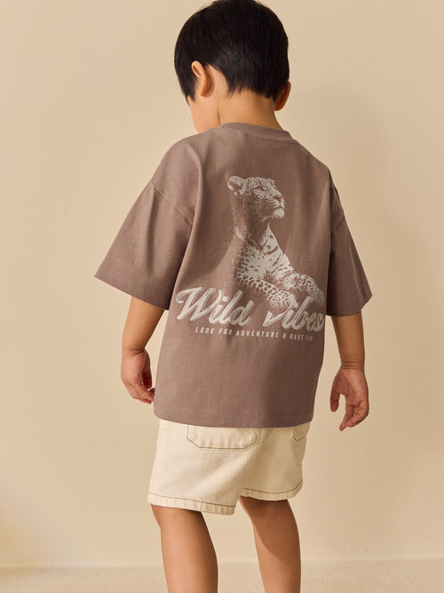 Neutral / Tan Wild Vibes Tiger Short Sleeve Back Print T-Shirt (3mths-7yrs) image 1