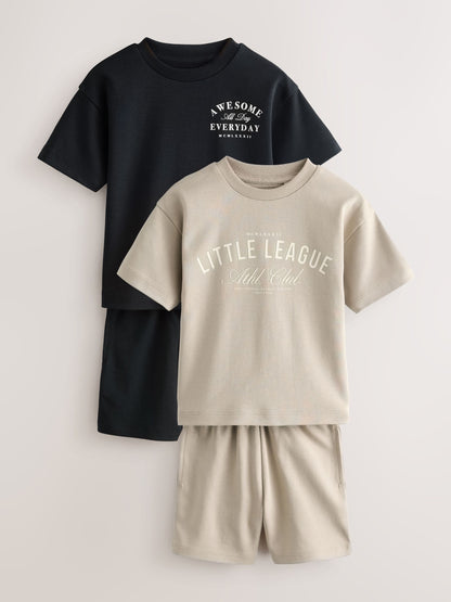 Black/Cream Slogan Backprint Short Sleeve T-Shirt and Shorts Set 2 Pack (3mths-7yrs) image 1