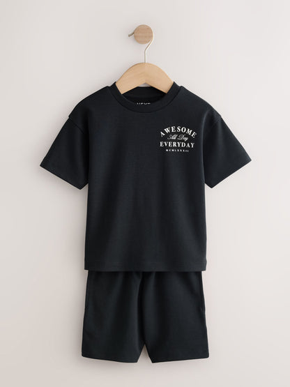 Black/Cream Slogan Backprint Short Sleeve T-Shirt and Shorts Set 2 Pack (3mths-7yrs) image 3