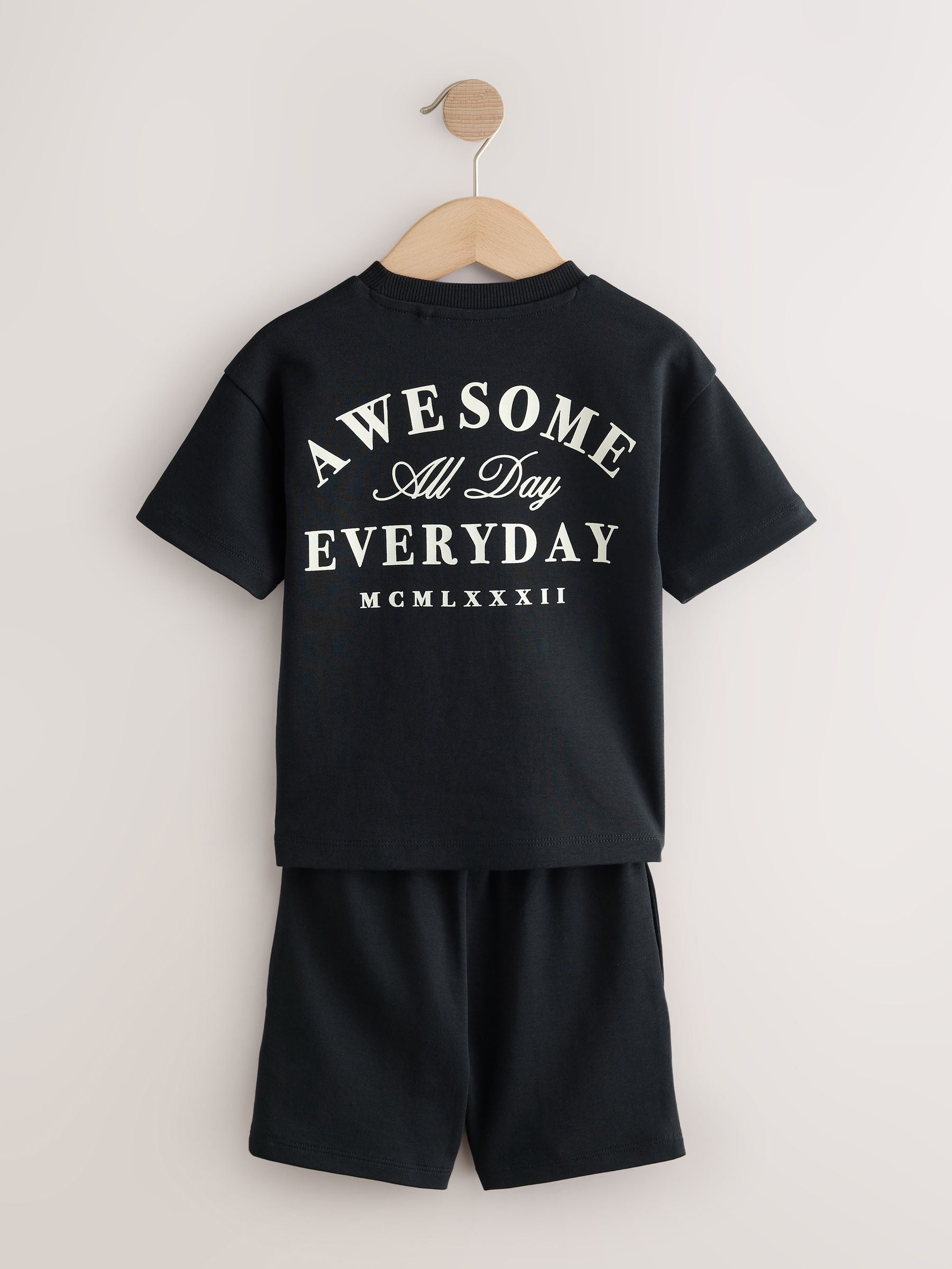 Black/Cream Slogan Backprint Short Sleeve T-Shirt and Shorts Set 2 Pack (3mths-7yrs) image 4