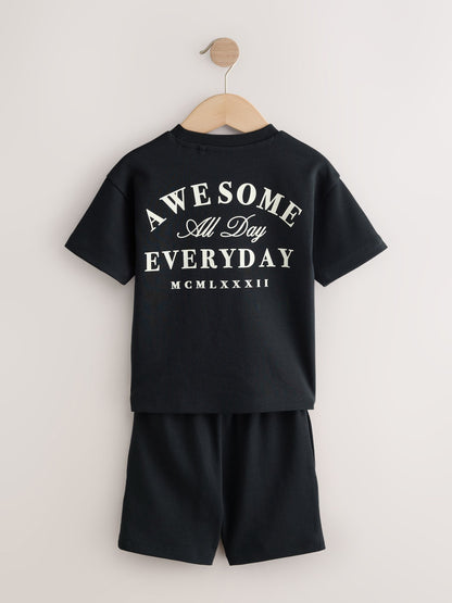 Black/Cream Slogan Backprint Short Sleeve T-Shirt and Shorts Set 2 Pack (3mths-7yrs) image 4