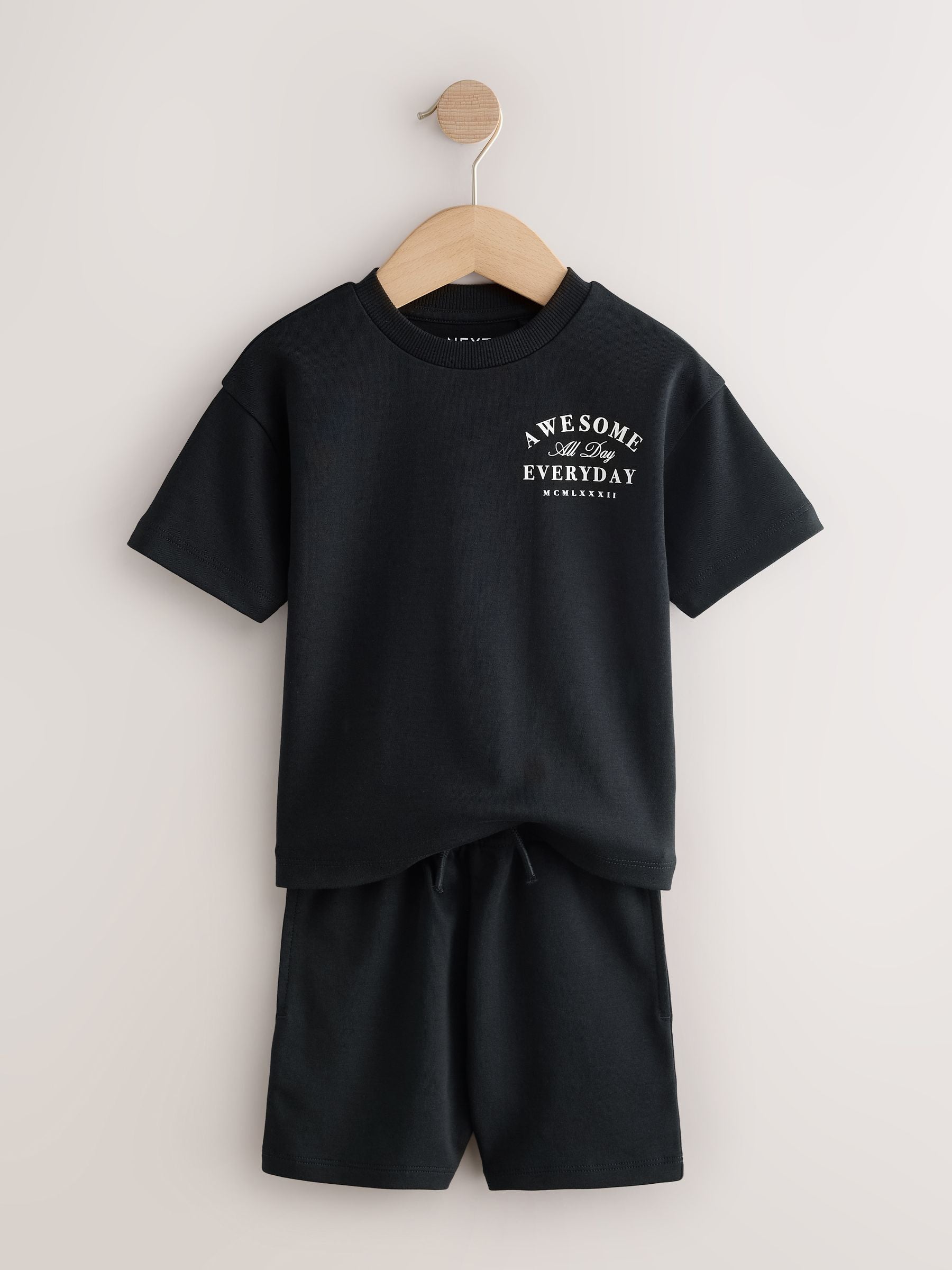 Black/Cream Slogan Backprint Short Sleeve T-Shirt and Shorts Set 2 Pack (3mths-7yrs) image 5