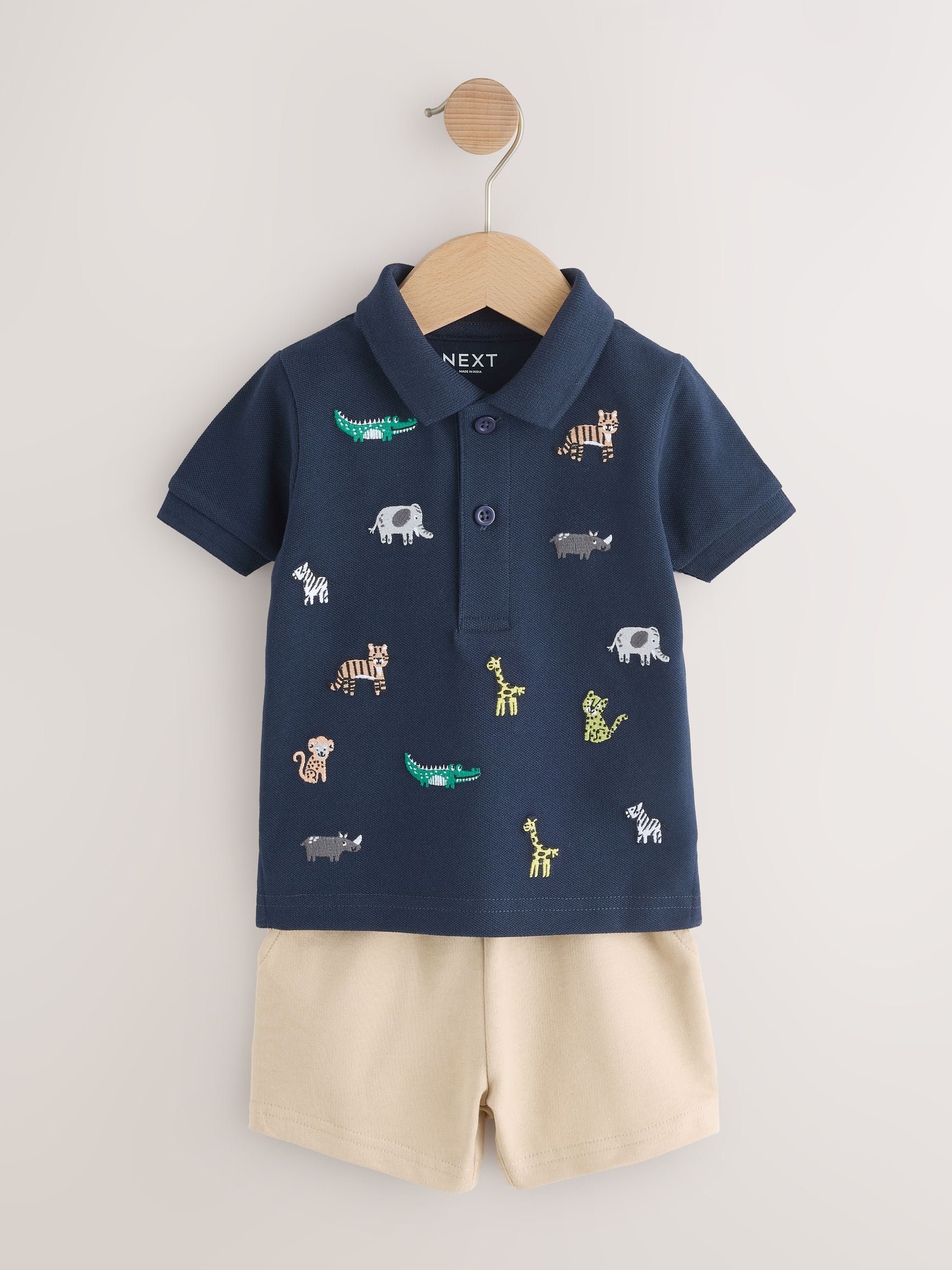 Navy All Over Embroidery Safari Animals Short Sleeve Polo Shirt and Shorts Set (3mths-7yrs) image 1