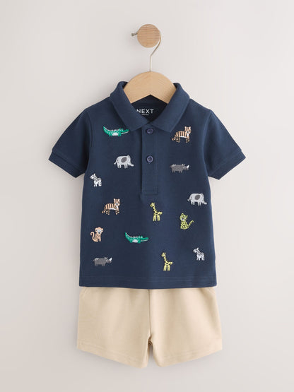 Navy All Over Embroidery Safari Animals Short Sleeve Polo Shirt and Shorts Set (3mths-7yrs) image 1