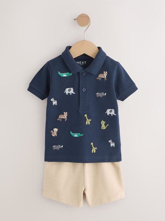 Navy All Over Embroidery Safari Animals Short Sleeve Polo Shirt and Shorts Set (3mths-7yrs) image 1