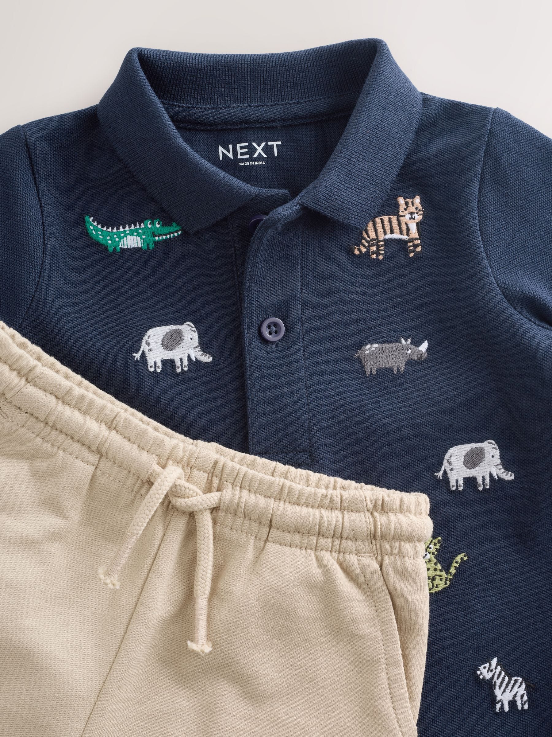 Navy All Over Embroidery Safari Animals Short Sleeve Polo Shirt and Shorts Set (3mths-7yrs) image 4